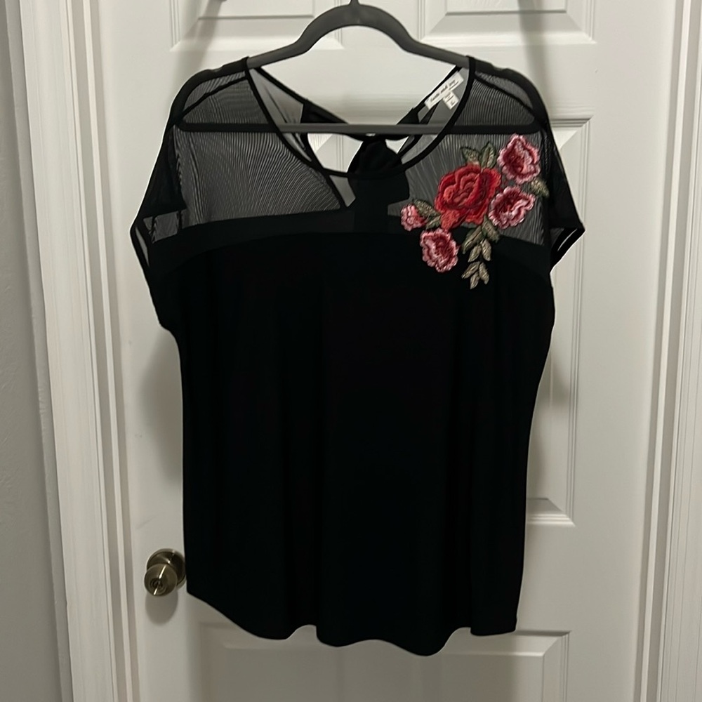 Like New Black Blouse with Mesh Collar and embroidery detail